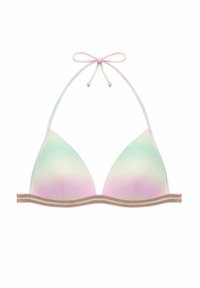Triangle bikini top met een verloop van mint- en rozerood kleuren, voorzien van een glinsterende gouden band en een halternek strik.