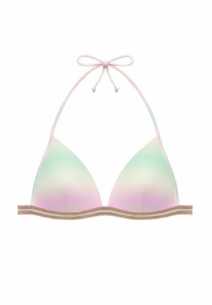 Dreieckiger Bikini-Oberteil mit einem Farbverlauf aus Mint- und Pinktönen, verziert mit einem glitzernden goldenen Band und einem Halterneck-Bindeband.