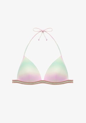 Trojúhelníkový bikiny top s gradientním přechodem mátové a růžové barvy, se třpytivým zlatým páskem a zavazováním za krk.