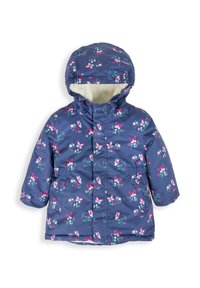Jachetă puffer bleumarin cu un model floral în nuanțe de roz și verde. Are o glugă căptușită cu blană sintetică și două buzunare laterale. Textură matlasată.