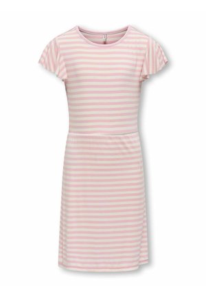 Rosa und weiße gestreifte Kurzarmkleid mit Rundhalsausschnitt und schwingenden Ärmeln; aus weichem, strukturiertem Stoff gefertigt.