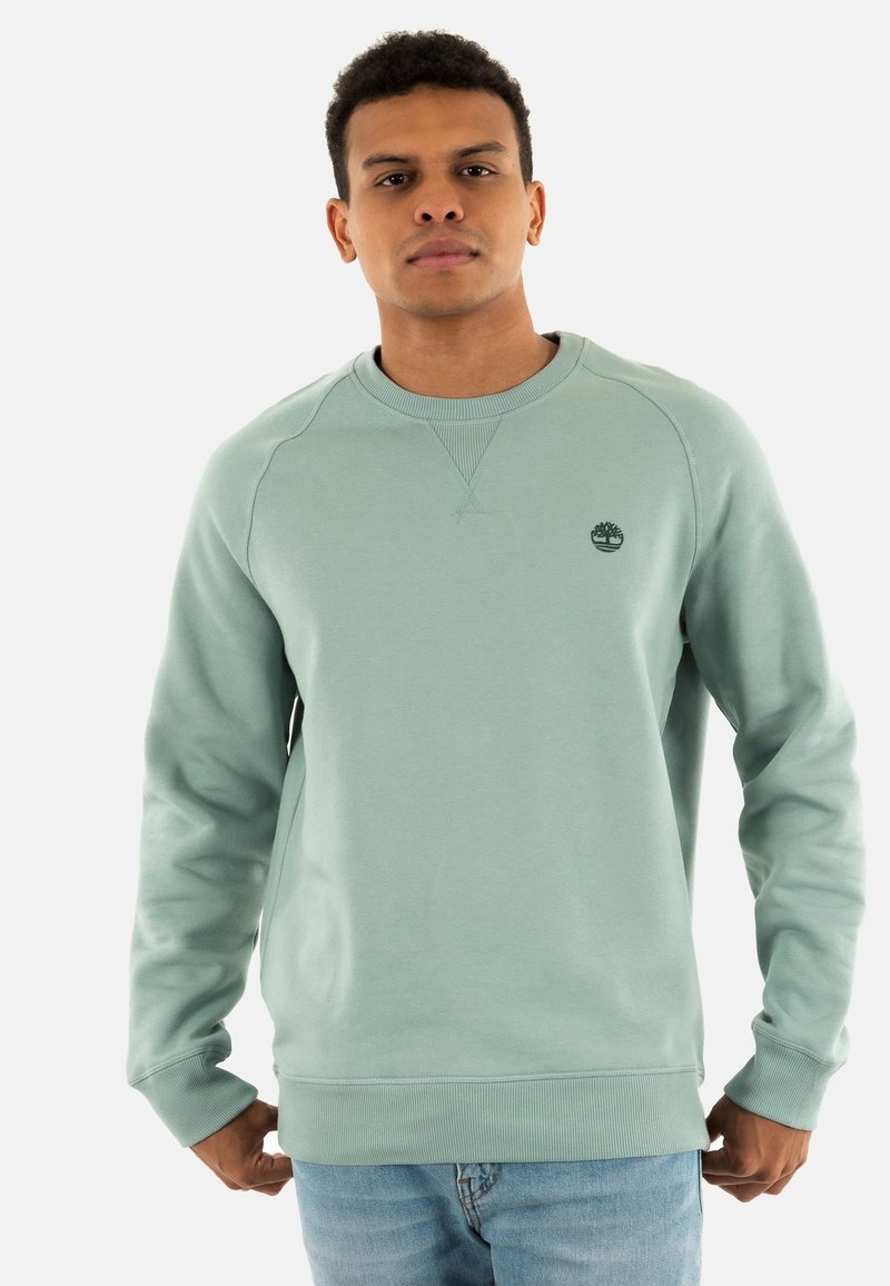 Sudadera verde claro hecha de mezcla de algodón, con un cuello redondo, puños acanalados y un pequeño logo bordado en el pecho.