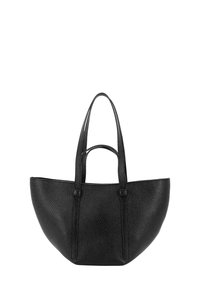 Borsa tote in pelle nera texture con due manici lunghi e un manico corto, strutturata con una base ampia e arrotondata.