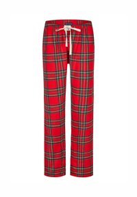 Červené kárované domácí kalhoty s pružným páskem na stažení, vyrobené z měkké tkaniny s hladkým povrchem a kontrastními zelenými a žlutými detaily.