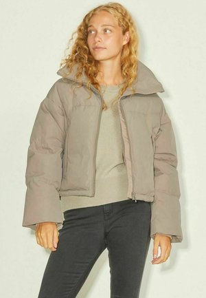 Chaqueta acolchada recortada en suave material beige con cuello alto y cierre de cremallera. Presenta mangas anchas y una superficie texturizada.
