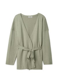 Cardigan avvolgente verde in maglia con scollatura a V profonda, maniche lunghe e cintura abbinata in vita. Tessuto morbido con una vestibilità rilassata.
