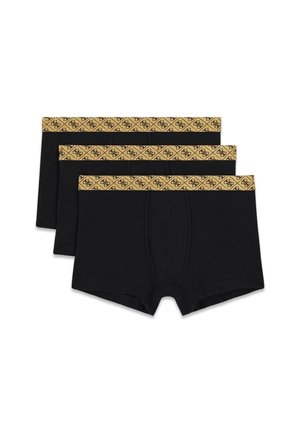 Schwarze Herrenboxershorts mit einem gemusterten goldenen Bündchen und Logo. Set aus drei Stück, aus weichem Stoff mit enger Passform.
