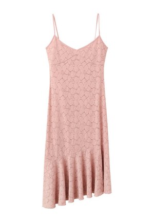 Robe midi en dentelle rose avec fines bretelles spaghetti, encolure en V, corsage ajusté et ourlet asymétrique évasé.
