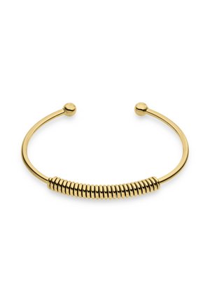 Guldtonet armring med et glat bånd, centralt spiraldesign og afrundede ender. Reflekterende finish med en elegant, minimalistisk stil.