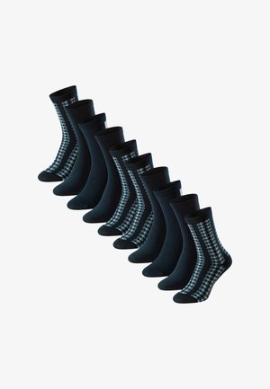 Black socks set, varying designs. Some with blue and white checkered pattern on the side; soft material, ankle-height, solid color.