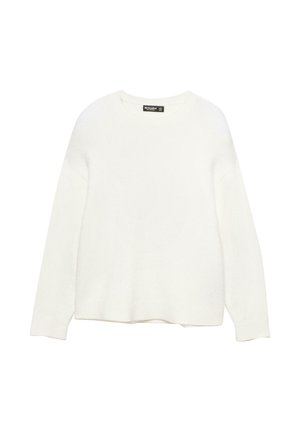 Fehér pulcsi puha, textúrált anyagból. Kerek nyakkivágással és hosszú ujjal rendelkezik. Egyenes szabású alsó rész, laza passzolással.