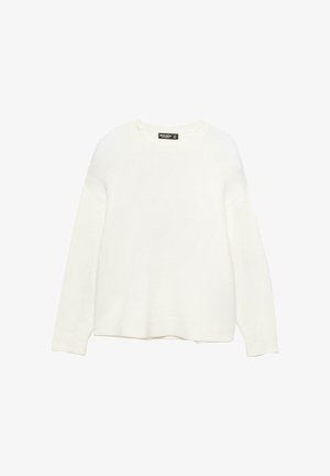 Fehér pulcsi puha, textúrált anyagból. Kerek nyakkivágással és hosszú ujjal rendelkezik. Egyenes szabású alsó rész, laza passzolással.