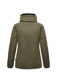 Olive green puffer jacket with a high collar, black faux fur lining, and ribbed cuffs. Features a smooth texture and quilted pattern.