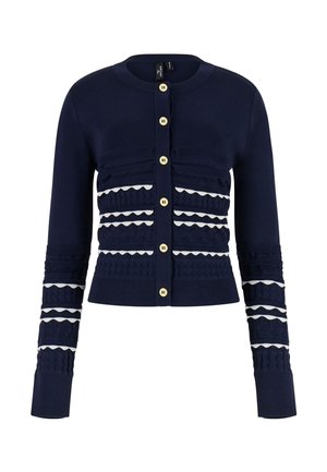 Cardigan blu navy con bottoni beige, motivi a maglia strutturata e strisce bianche a zigzag sul petto e sulle maniche.