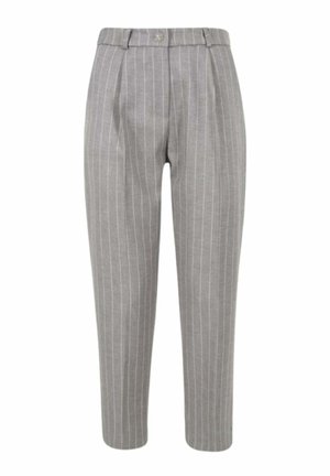Pantaloni grigi a righe sottili con una vestibilità su misura, caratterizzati da una vita alta, pieghe e un piccolo dettaglio con bottone sul davanti.