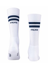 Chaussettes blanches à manches avec texture côtelée, comportant deux rayures marines en haut et le logo FALKE en marine. Matériau durable, design sportif.