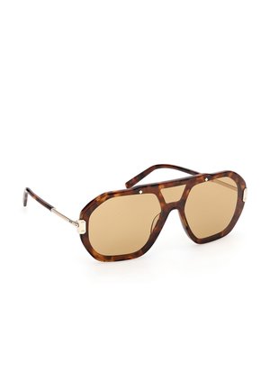 Occhiali da sole aviator effetto tartaruga con lenti marroni e dettagli dorati sulle aste su sfondo bianco.