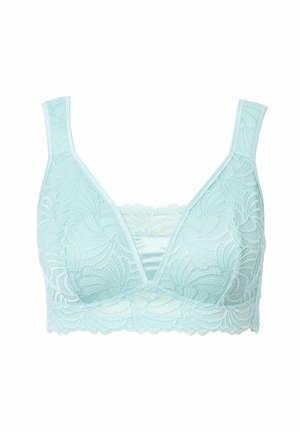 Brassière en dentelle bleu clair avec un motif floral texturé, décolleté en V profond et sous-couche en satin ; bretelles élastiques douces et bords festonnés.