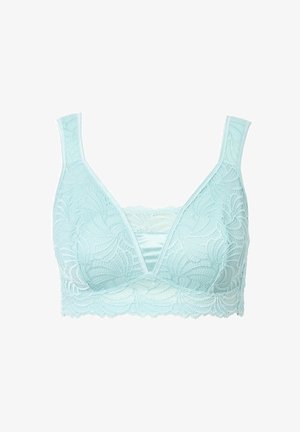 Brassière en dentelle bleu clair avec un motif floral texturé, décolleté en V profond et sous-couche en satin ; bretelles élastiques douces et bords festonnés.