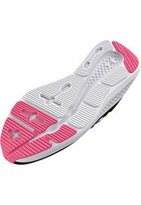 Semelle de chaussure de sport blanche avec des accents en caoutchouc rose, surface texturée pour l'adhérence et un design de motifs en creux pour la flexibilité et le soutien.