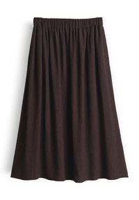 Dark brown, knee-length skirt with an elastic waistband and a slightly pleated, loose, A-line silhouette. No visible patterns or decorations.