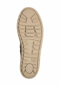 Shoe sole with a textured rubber surface, featuring deep grooves and a beige color. Engraved “soft” and “FLEX” near the center.
