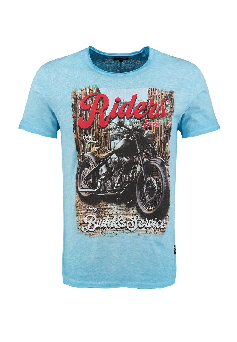 Camiseta de manga corta azul claro con un gráfico de motocicleta que incluye el texto "Riders Tour" y "Build & Service". Tejido suave con un aspecto ligeramente desgastado.