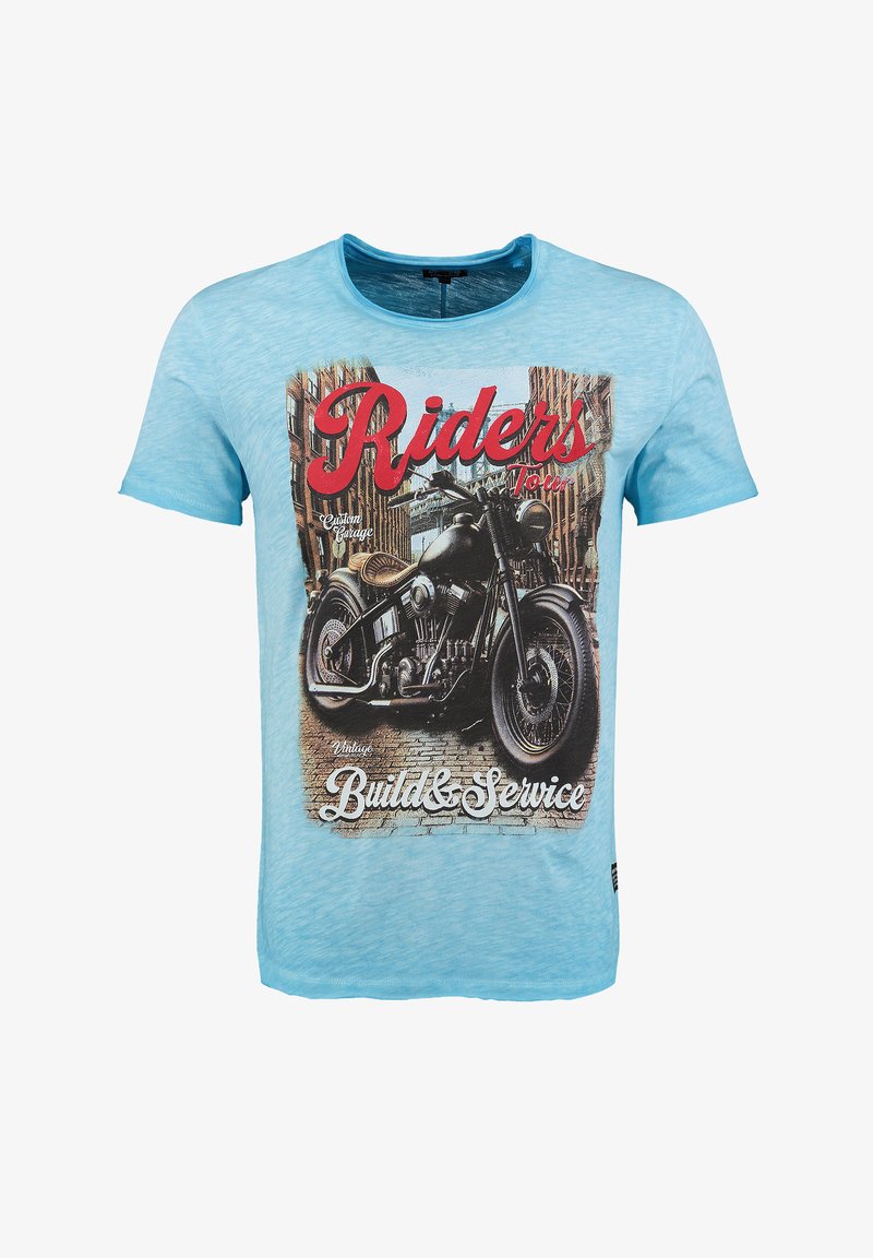 Camiseta de manga corta azul claro con un gráfico de motocicleta que incluye el texto "Riders Tour" y "Build & Service". Tejido suave con un aspecto ligeramente desgastado.