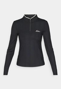 Maglia nera a maniche lunghe con zip, dalla texture a coste, colletto bianco a contrasto e piccolo logo sul petto. Design aderente.
