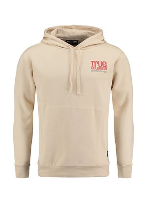 Beige hoodie gemaakt van zachte stof, met een voorkantzak, trekkoordcapuchon en rode tekstdetails op de borst.