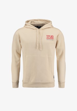 Sudadera beige hecha de material suave, con un bolsillo frontal, capucha con cordón y detalles en texto rojo en el pecho.