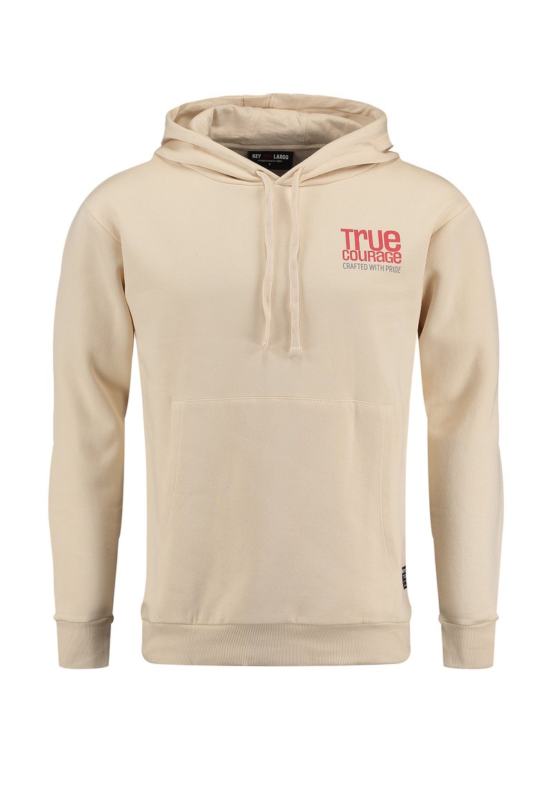 Sudadera beige hecha de material suave, con un bolsillo frontal, capucha con cordón y detalles en texto rojo en el pecho.