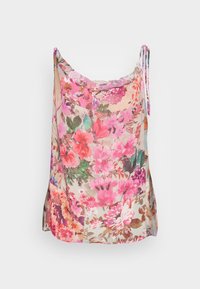 Top sin mangas con estampado floral en una tela ligera y transparente. Presenta tonos vibrantes de rosa, verde y beige, con detalles de cordón en los hombros.