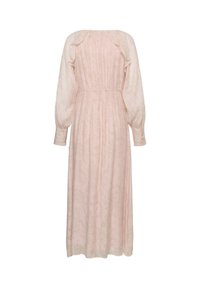 Světle růžové maxi šaty s dlouhým rukávem, jemným květinovým vzorem, volánkovými detaily na ramenou, vypasovaným pasem a manžetami na knoflíky, zobrazené ze zadu.