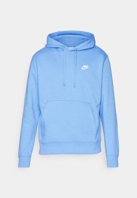 Ljusblå Nike hoodie i mjukt tyg, med en kenguruficka, dragsko i huvan och en vit logotyp på övre vänstra bröstet.