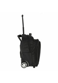 Black wheeled backpack with retractable handle, made of durable fabric. Features multiple zippered compartments and a sturdy wheel design.
