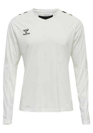 Langsleevige witte sportshirt met zwarte accenten. Beschikt over een V-hals, een logo op de borst en ademende stof voor comfort.