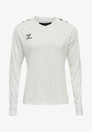 Langsleevige witte sportshirt met zwarte accenten. Beschikt over een V-hals, een logo op de borst en ademende stof voor comfort.