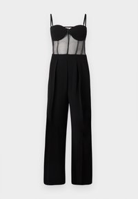 Schwarzer Jumpsuit mit einem anliegenden Mesh-Oberteil mit Unterbrusttellern und weitem Hosenbein. Details umfassen einen Reißverschluss vorne und Falten.