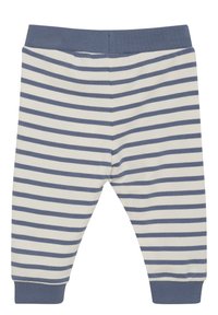 Katoenen peuterbroek met een blauw-wit horizontaal gestreept patroon, voorzien van een zachte elastische tailleband en ribgebreide boorden bij de enkels.