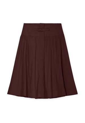 Brauner A-Linien-Rock mit hoher Taille und passendem Stoffgürtel mit quadratischer Schnalle, plissierte Details an den Seiten.