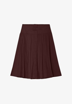 Brauner A-Linien-Rock mit hoher Taille und passendem Stoffgürtel mit quadratischer Schnalle, plissierte Details an den Seiten.