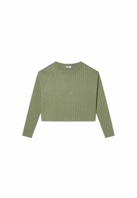 Pull ras du cou en tricot côtelé vert foncé avec des manches longues. La texture semble douce et légèrement extensible.