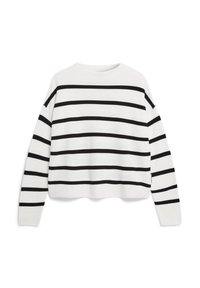 Weißer Pullover mit horizontalen schwarzen Streifen, runder Halsauschnitt und langen Ärmeln in einem entspannten, verkürzten Schnitt. Hergestellt aus geripptem Material.
