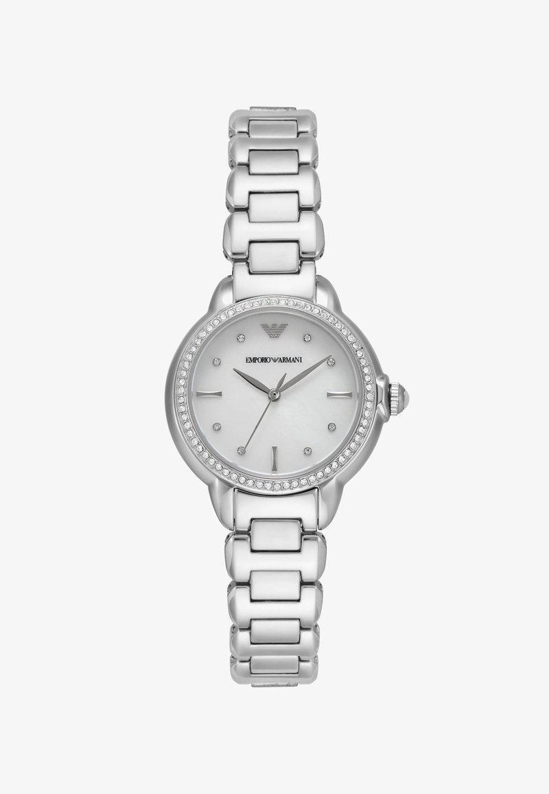 Ceas de mână pentru femei Emporio Armani din oțel inoxidabil argintiu, cu cadran rotund, bezel din cristal și brățară cu zale.