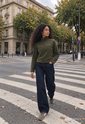 Femme aux cheveux bouclés portant un pull vert et un jean foncé traversant un passage piéton dans une rue de la ville avec des arbres et des immeubles en arrière-plan.