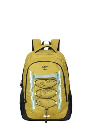 Zaino giallo e nero con spallacci imbottiti, tasca frontale con cerniera, rete elastica con cordoncino e strisce di accento azzurro.