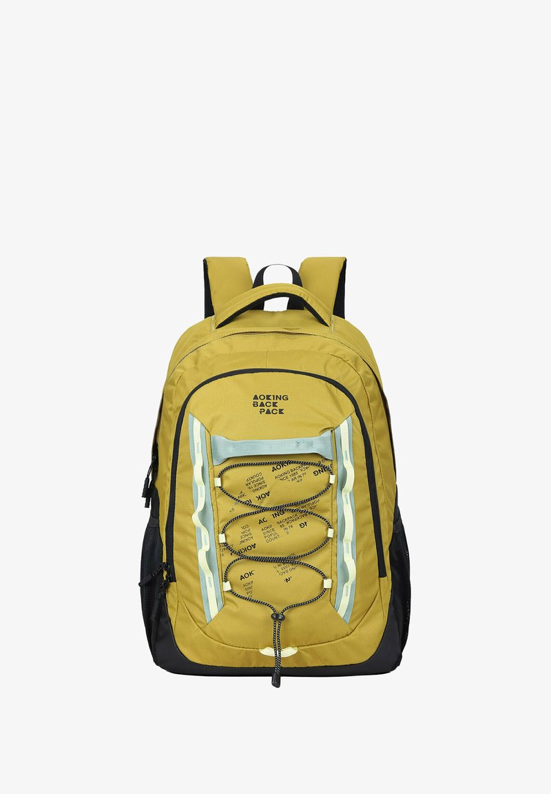 Sac à dos jaune et noir avec bretelles rembourrées, poche avant zippée, sangles élastiques en sangle et bandes accentuées bleu clair.