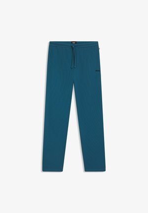 Tealblauwe casual broek met een drawstring tailleband, rechte pijpen en een klein zwart "BOSS" logo op de bovenste linker dij.