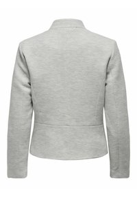 Grå strukturerad jacka med dubbelknäppt design, som har fiskbensmönster, hög krage och figursydd silhuett, utan synliga knäppningar.